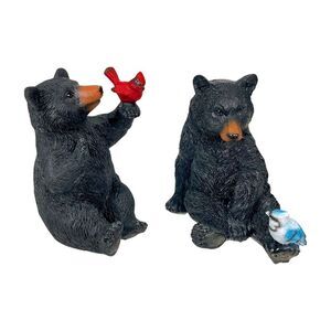 Set of 2 Black Bear Statues with Birds, 5” Tall – Rustic Resin Animal Decor